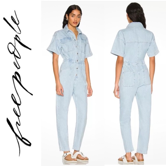 We The Free People Marci Denim Jean Jumpsuit in Clear Skies M Light Wash Utility - Picture 3 of 16